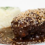 Plato de mole con ajonjolí y arroz sobre fondo blanco, fotografía profesional de alimentos