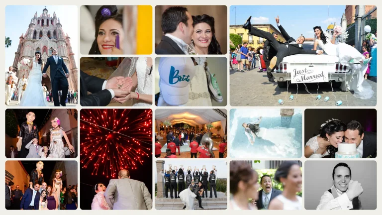 Collage de fotografías de boda en San Miguel de Allende: ceremonia en la Parroquia de San Miguel Arcángel, mojigangas, pirotecnia y fiesta
