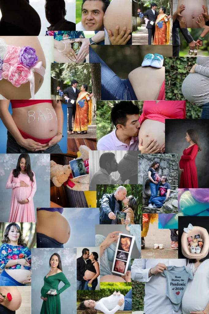 Collage de sesiones de fotos de embarazo y maternidad de Celebra Studio en CDMX