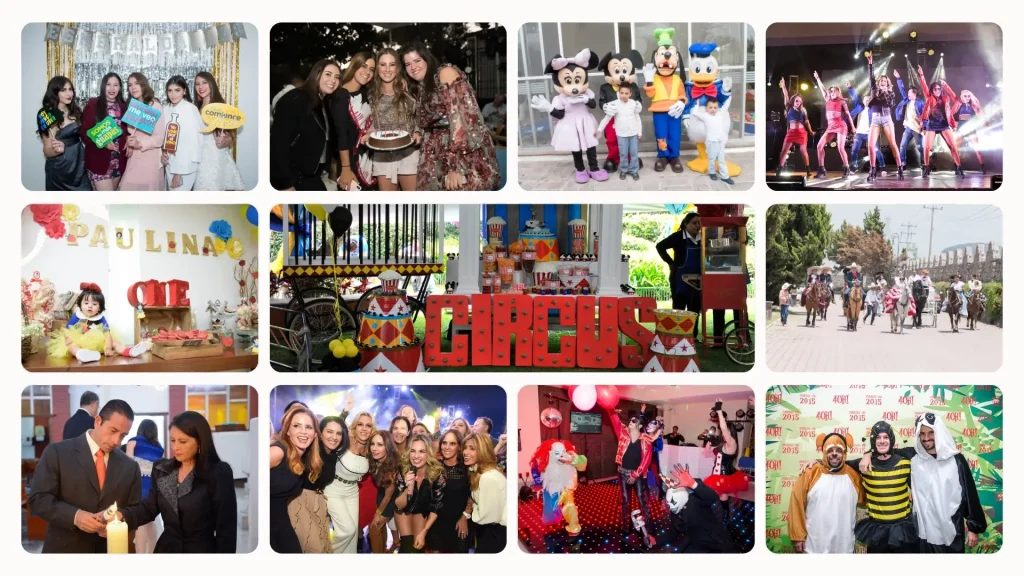 Collage de fotografía de eventos sociales: fiestas, celebraciones familiares y reuniones.