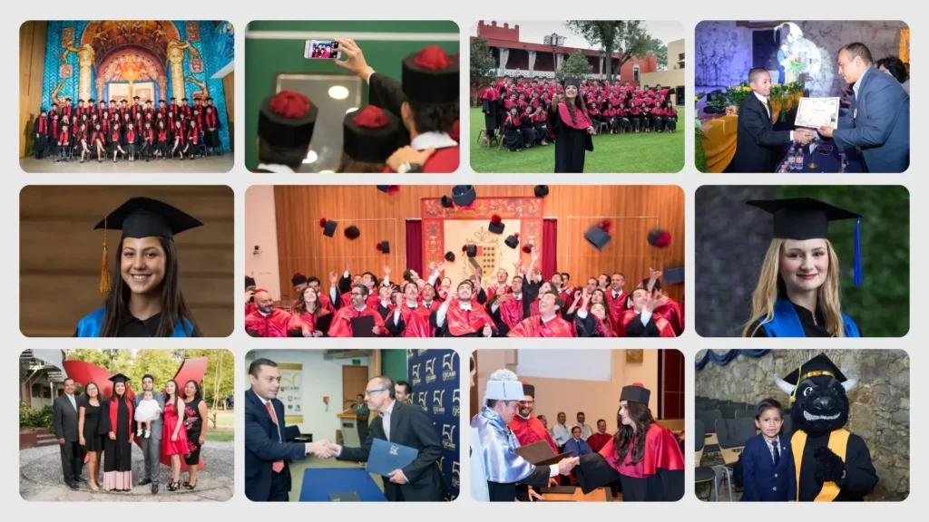 Collage de fotografía para graduaciones: retratos con toga y birrete, foto de generación y entrega de diploma en CDMX.