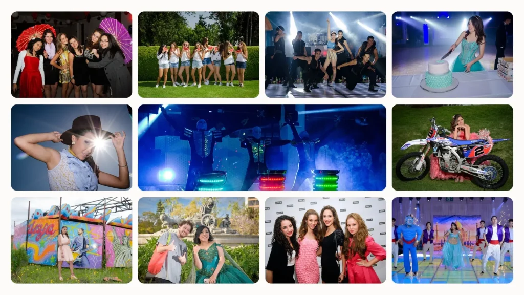 Collage de paquetes fotográficos para XV años: retratos de la quinceañera en vestido de gala, sesión y salón.
