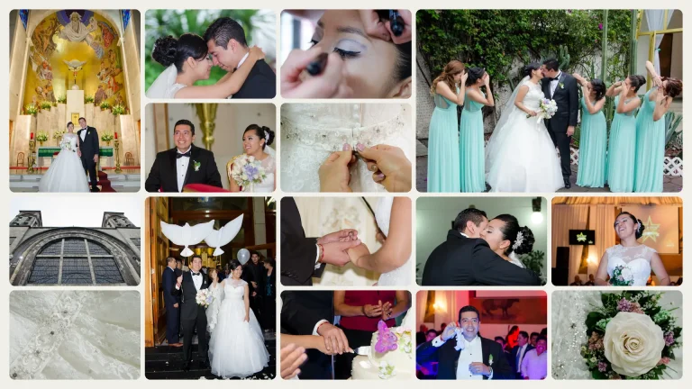 Collage de fotografías de boda en el Lienzo Charro La Villa: preparativos, ceremonia, salida de la iglesia y fiesta