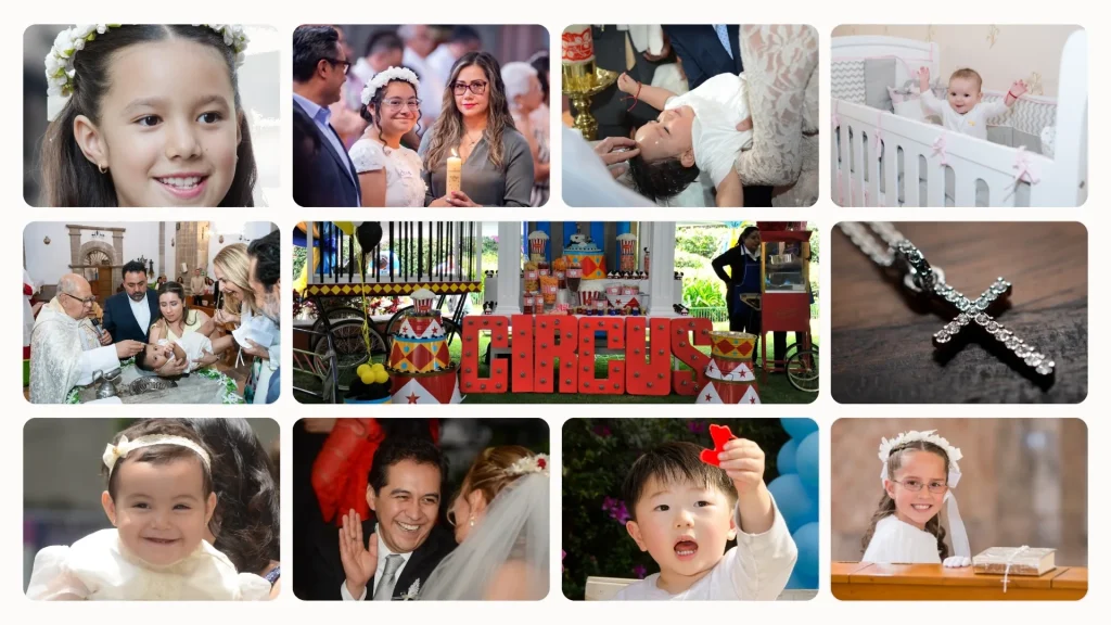 Collage de fotos de bautizo y de primera comunión: ceremonia en la iglesia, retratos del niño y de la familia.