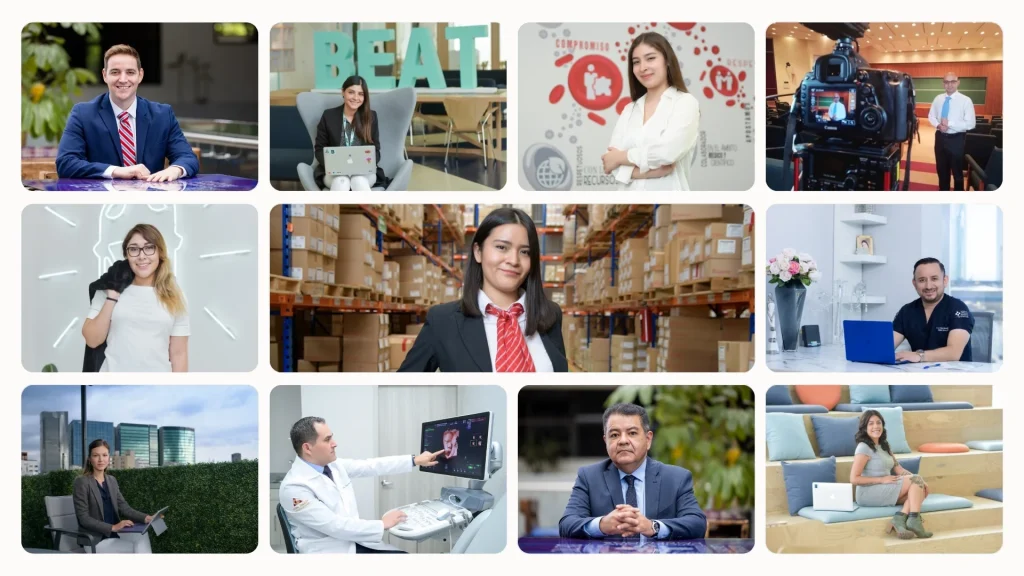 Collage de retrato corporativo profesional: fotos de perfil para LinkedIn y currículum, tomadas en estudio.